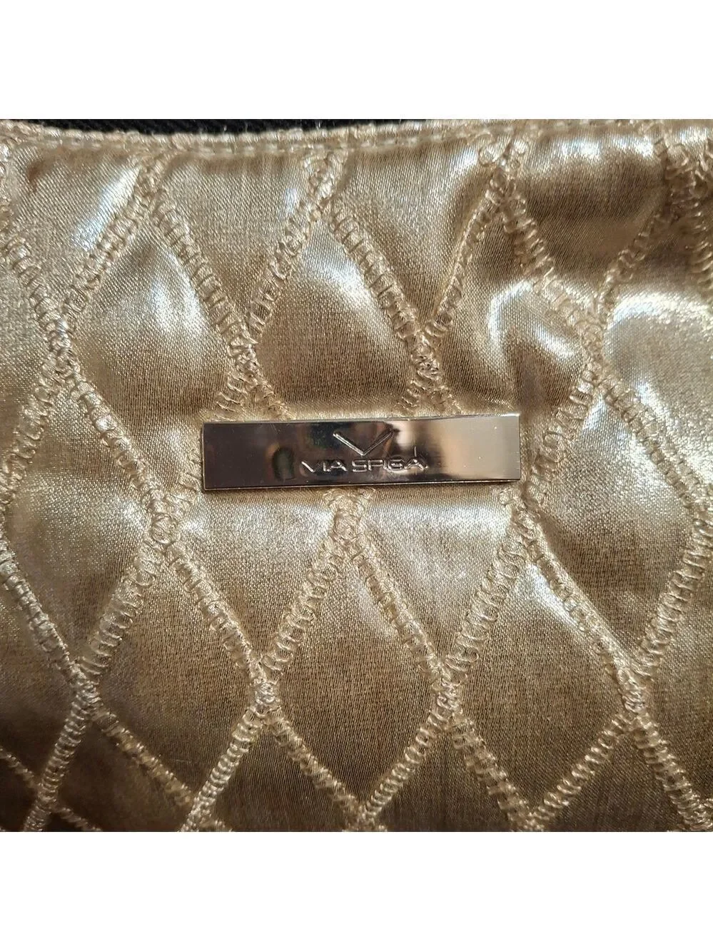 Via Spiga Gold Quilted Satin Shoulder  Bag Black Leather Strap